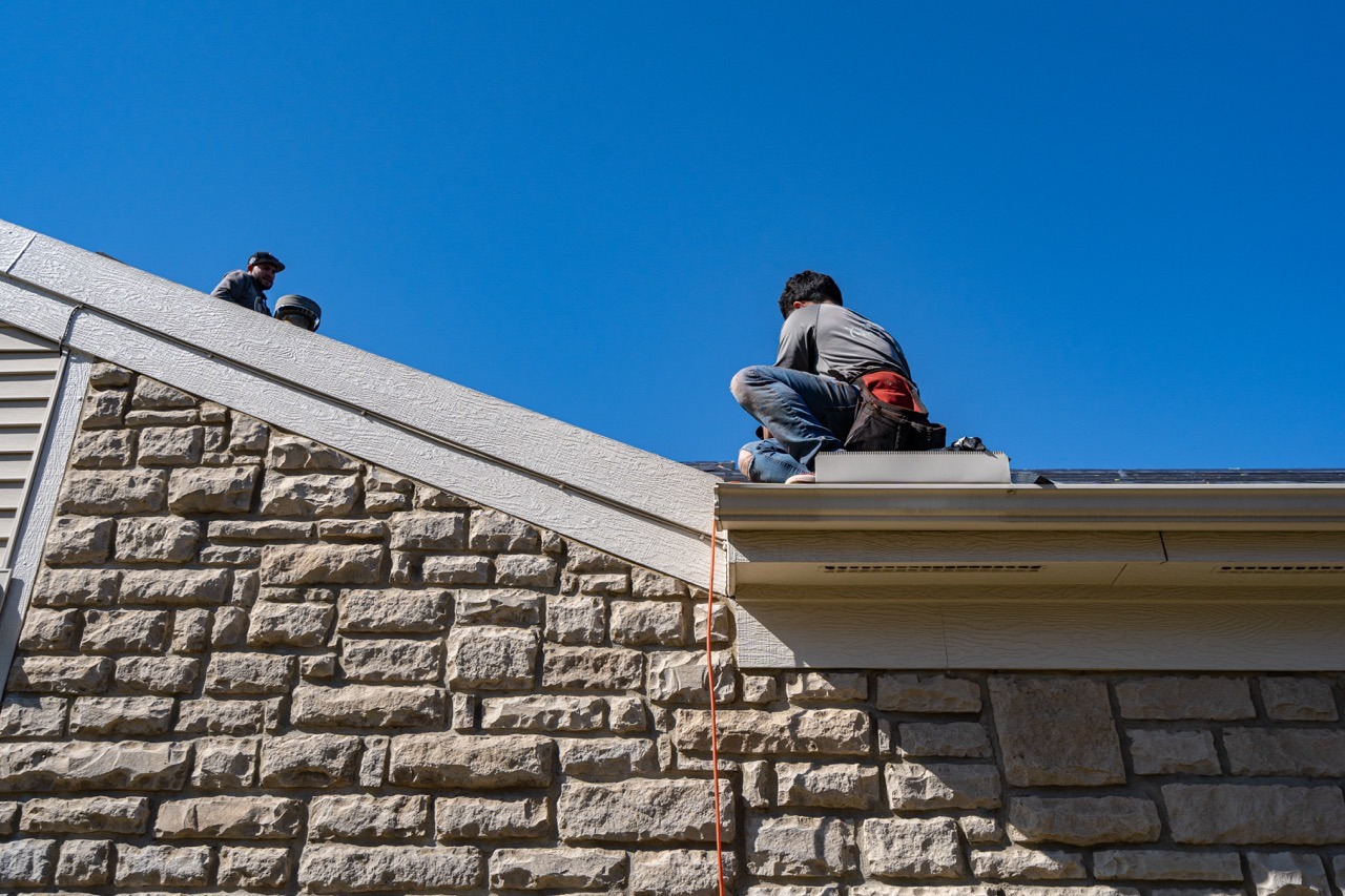 Roofing detail on a stone-clad Liberty Township home