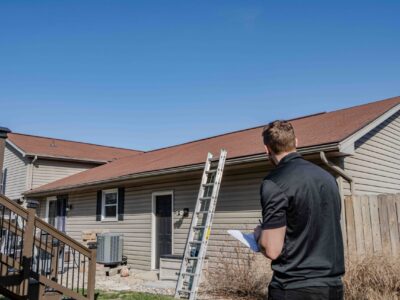 roof inspector looking upon a roof with a orange asphalt shingled roof with a ladder setup