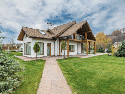 full view of modern house with asphalt roof